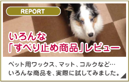 いろんな「すべり止め商品」レビュー。ペット用ワックス、マット、コルクなどいろんな商品を、実際に試してみました。
