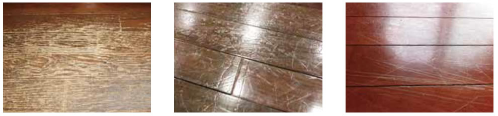 引っかき傷がついたフローリングの例